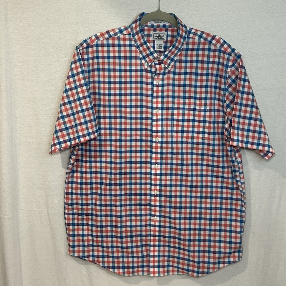 LL Bean Men’s Large Reg Blue Pink Check Gingham Shirt Short Sleeve Button Shirt